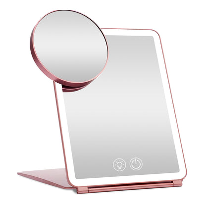 Folding Travel Makeup Mirror With 10X Magnifying Mirror 3 Color LED Lights Dimmable Brightness Rechargeable Battery Tabletop Portable Cosmetic Mirror