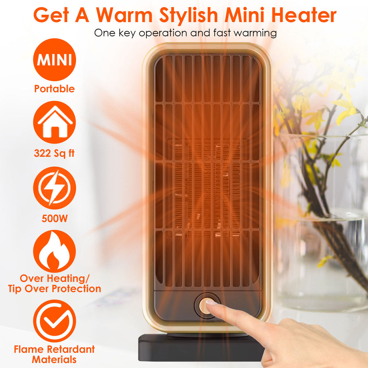 500W Portable Ceramic Space Heater with Tip-Over Protection
