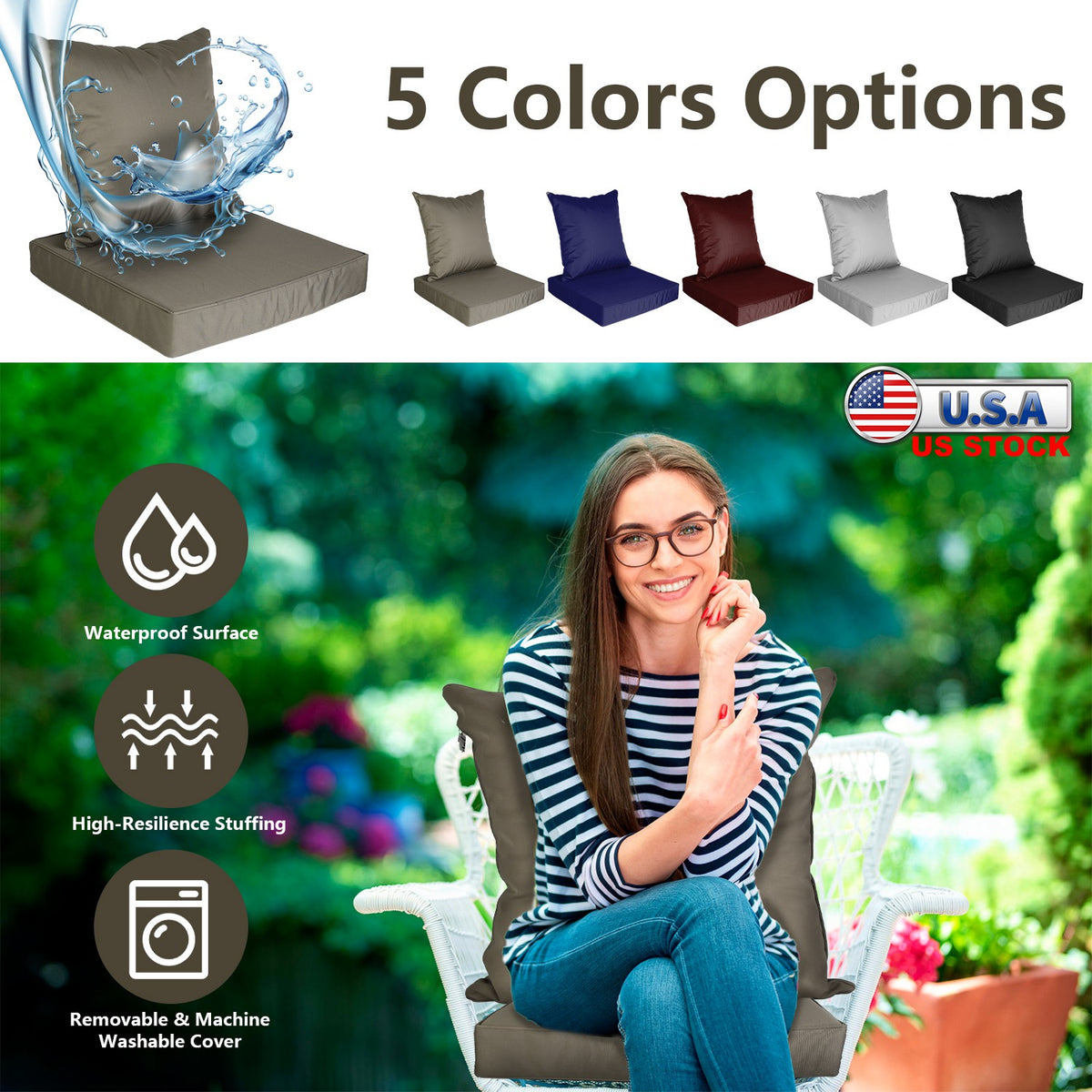 Outdoor Seat Cushion Set Waterproof Patio Furniture Cushion and Back Pillow Fade Resistant Deep Seat Set Chair Pad with Removable Cover for Chair Sofa