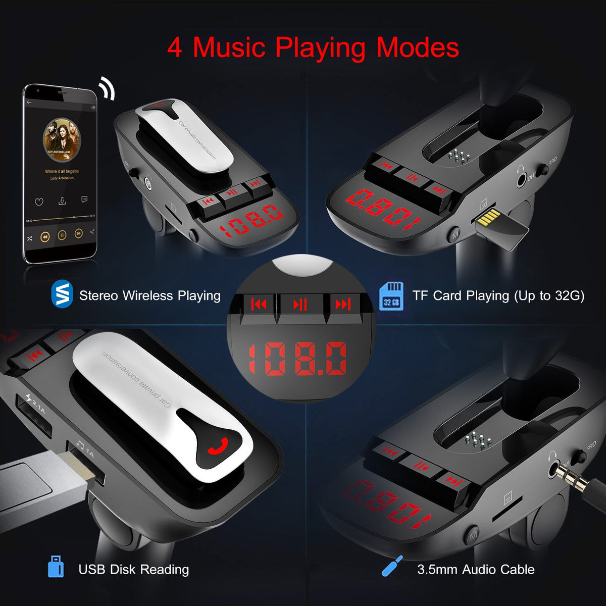 Car FM Transmitter w/ Wireless Earpiece 2 USB Charge Ports Hands-free Call MP3 Player TF Card Aux-in