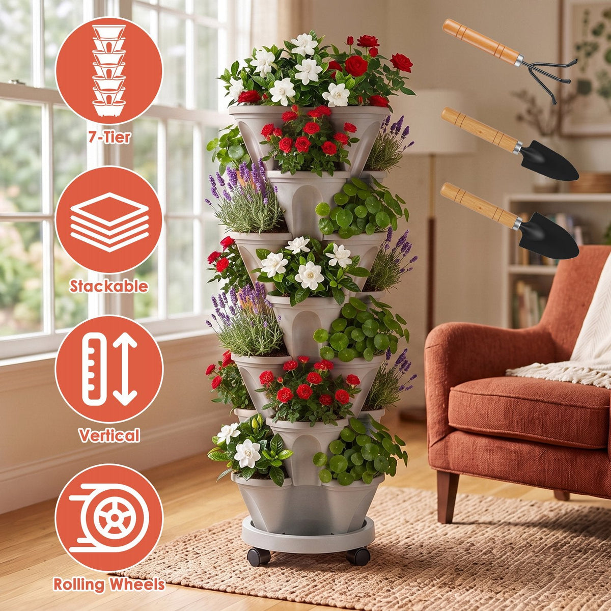 7-Tier Stackable Vertical Planter with Wheels and Drainage