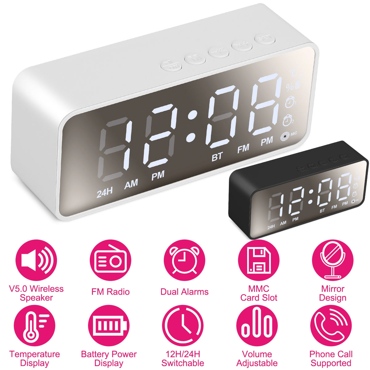 Mirror Digital Alarm Clock with Bluetooth Speaker & FM Radio