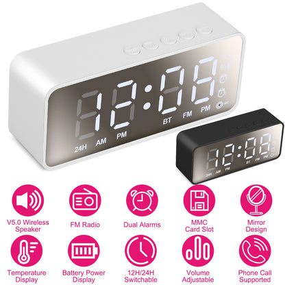 Mirror Digital Alarm Clock with Bluetooth Speaker & FM Radio