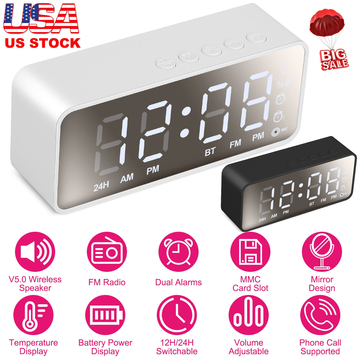 Mirror Digital Alarm Clock with Bluetooth Speaker & FM Radio