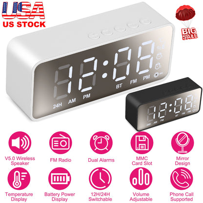 Mirror Digital Alarm Clock with Bluetooth Speaker & FM Radio
