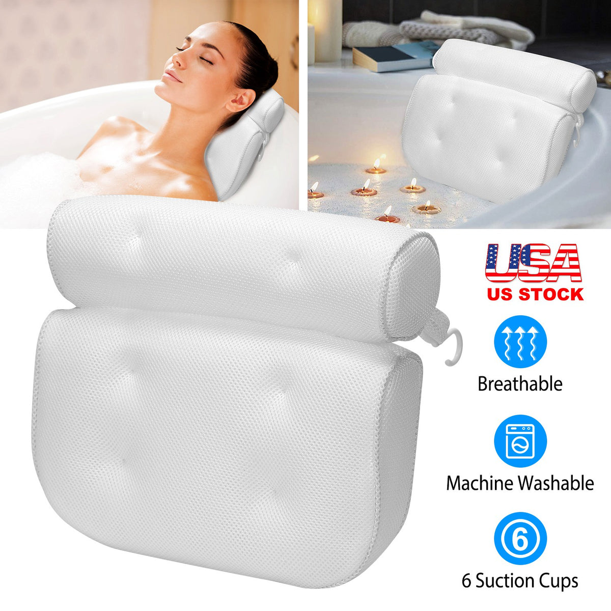 Bath Pillow with Suction Cups for Neck and Head Support