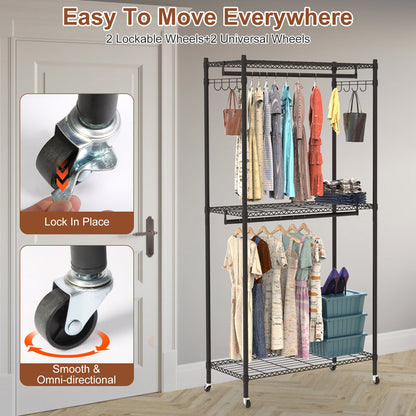 2-Tier Portable Clothing Rack with Cover and Wheels