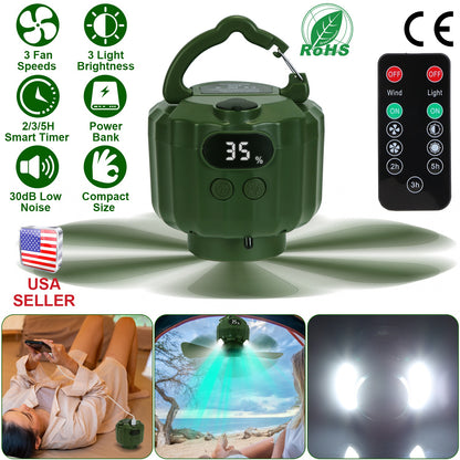 Portable Camping Ceiling Fan with LED Light & Power Bank