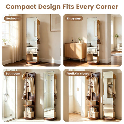 Full Length Rotating Mirror with Coat Rack & Storage Shelf