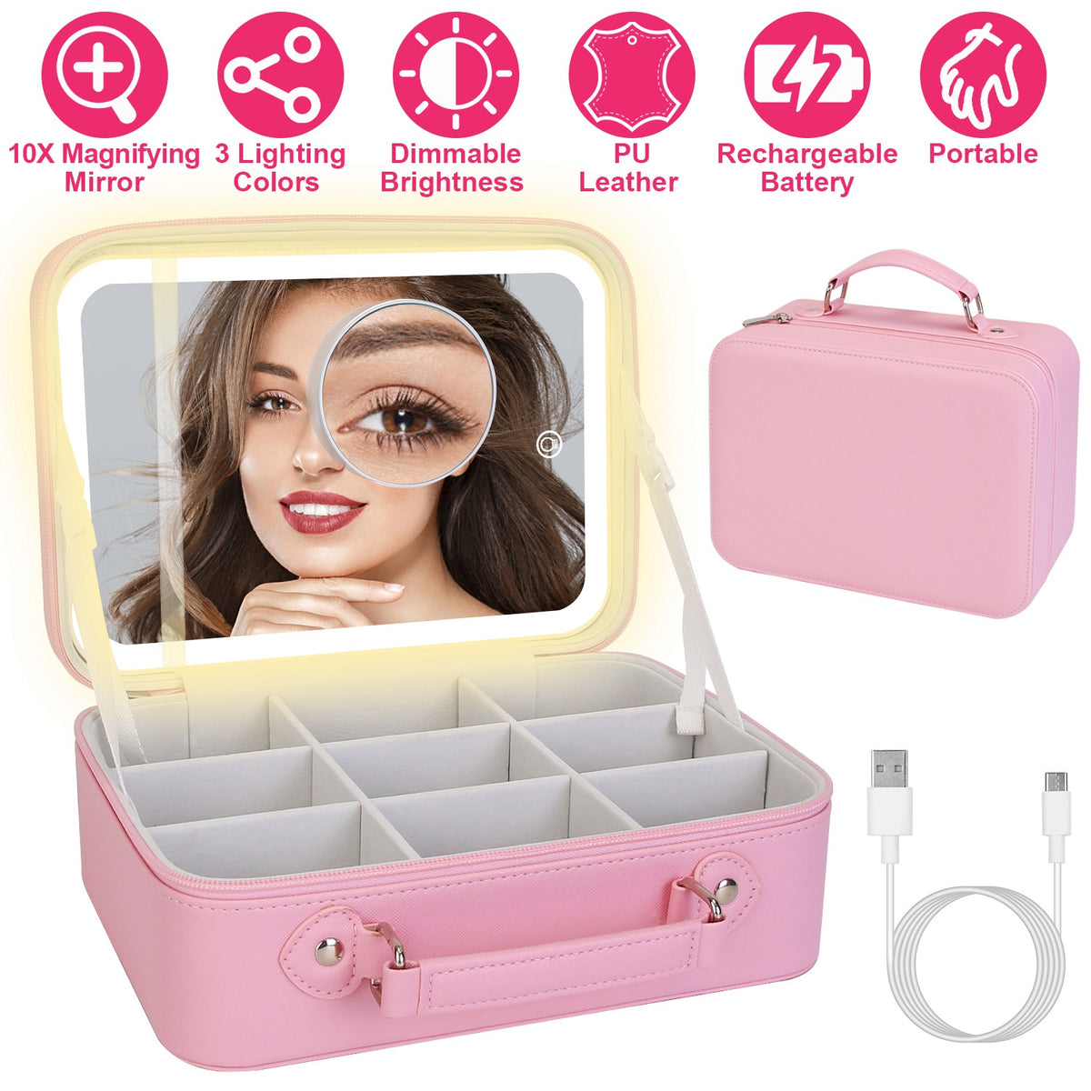 Travel Makeup Bag With 3 Light Colors Dimmable Brightness LED Mirror Detachable 10X Magnifying Mirror Adjustable Dividers Portable Waterproof Cosmetic