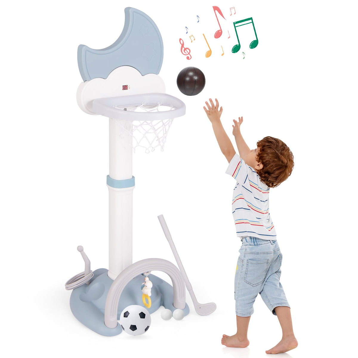4-In-1 Kids Basketball Hoop with Moon-shaped Electronic Scoreboard and Play Set-Blue