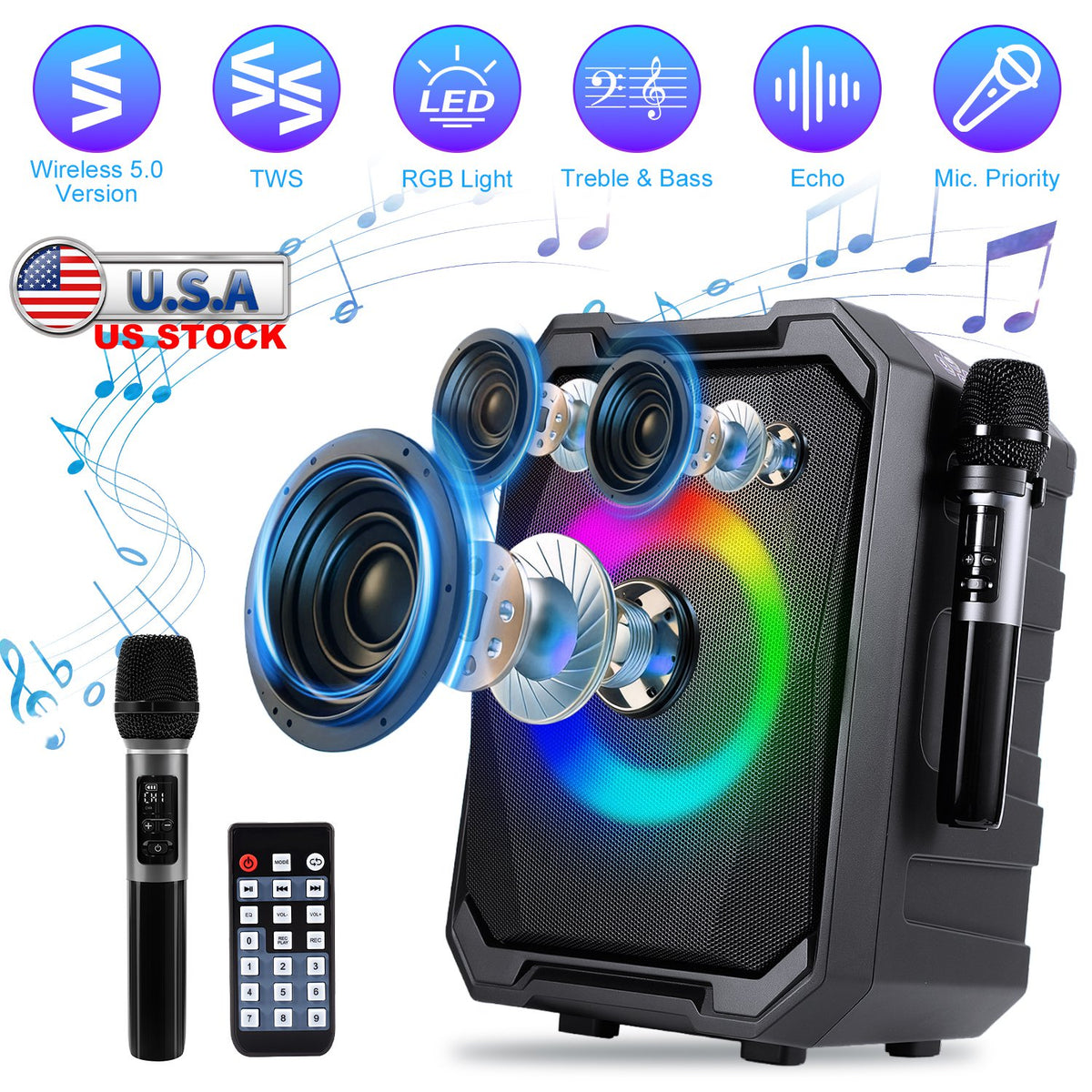 Portable Wireless Party Speaker with LED Lights & 2 Mics