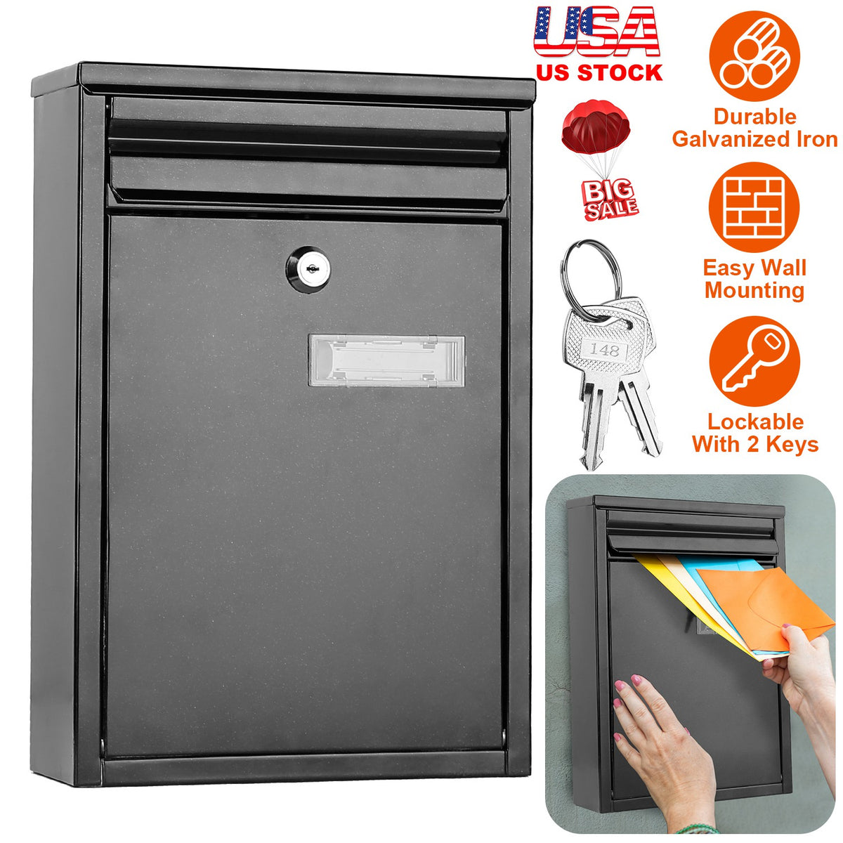 Wall Mount Mailbox with Lock - Galvanized Iron Secure Letter Box