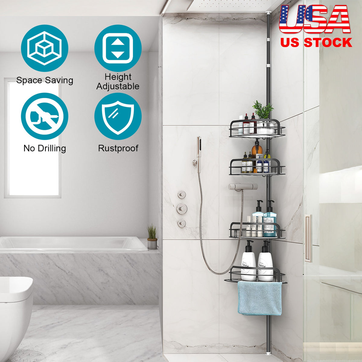 Corner Shower Caddy with 4 Adjustable Shelves