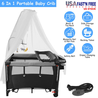 6-in-1 Foldable Baby Crib with Changing Table & Activity Center