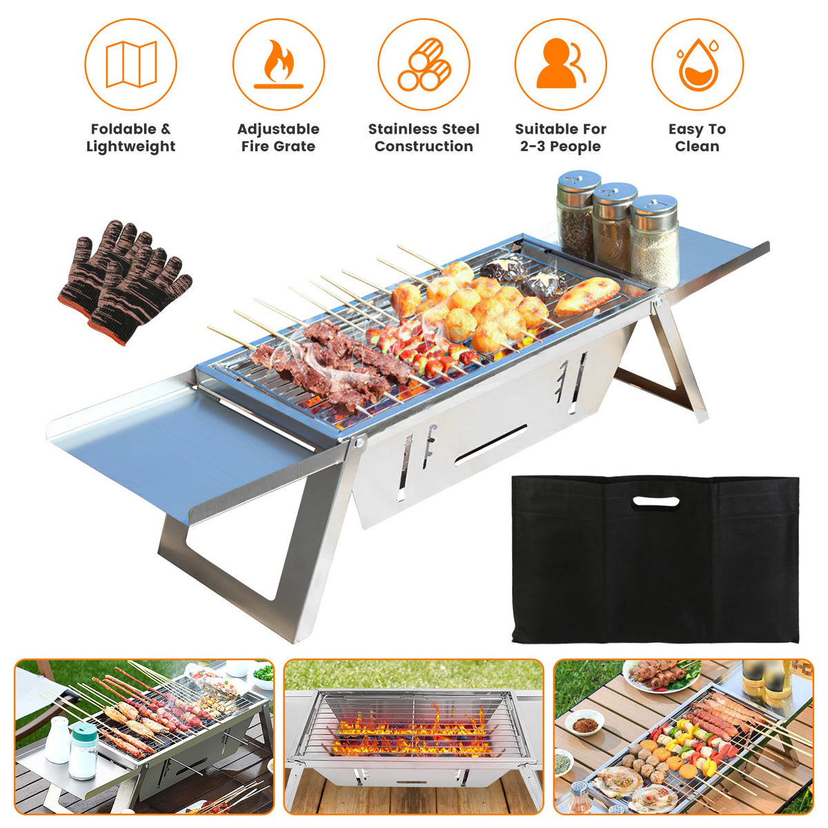 3-in-1 Foldable Charcoal Grill Fire Pit & Slow Cooker Portable