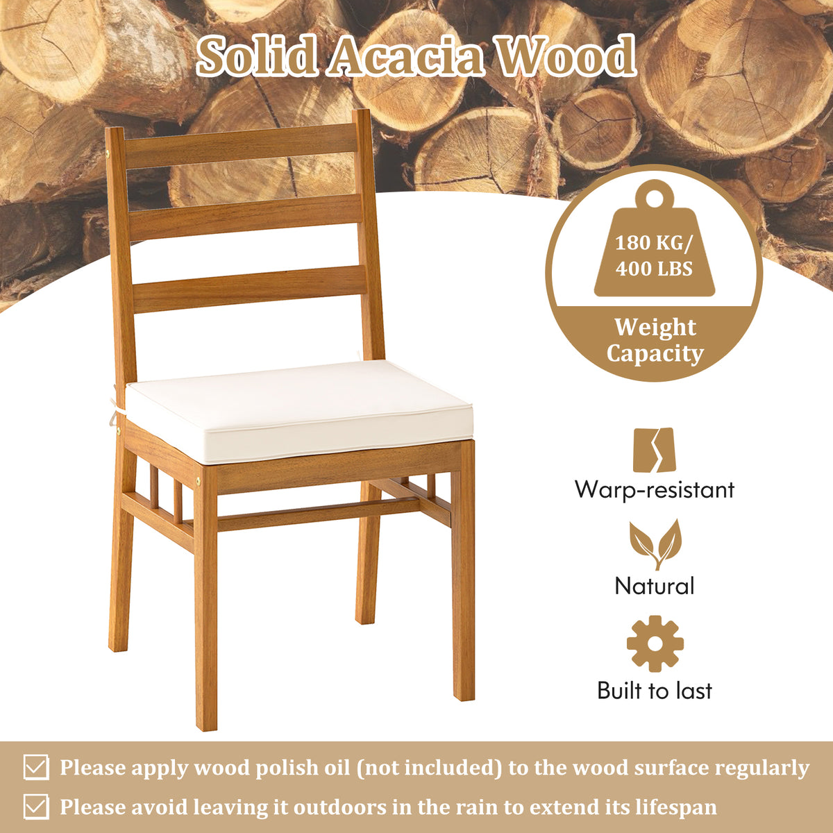 Acacia Wood Dining Chairs Set of 4 with Padded Cushions