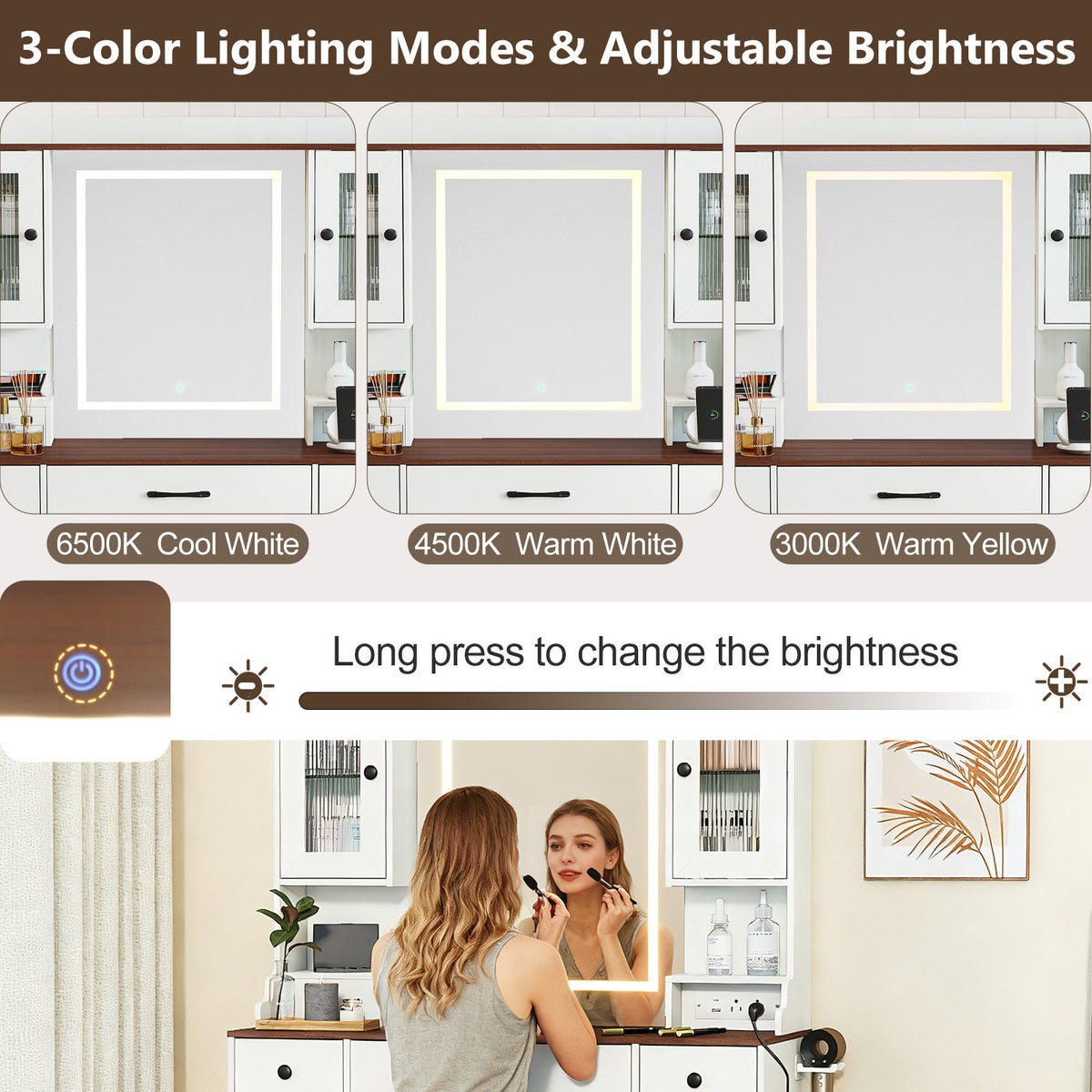 Makeup Vanity Table with Lighted Mirror and Power Outlets