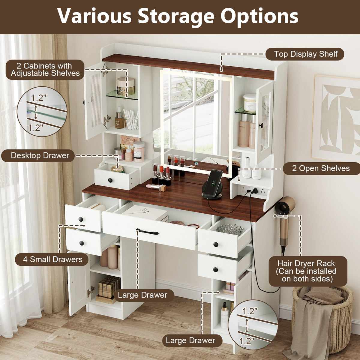 Makeup Vanity Table with Lighted Mirror and Power Outlets