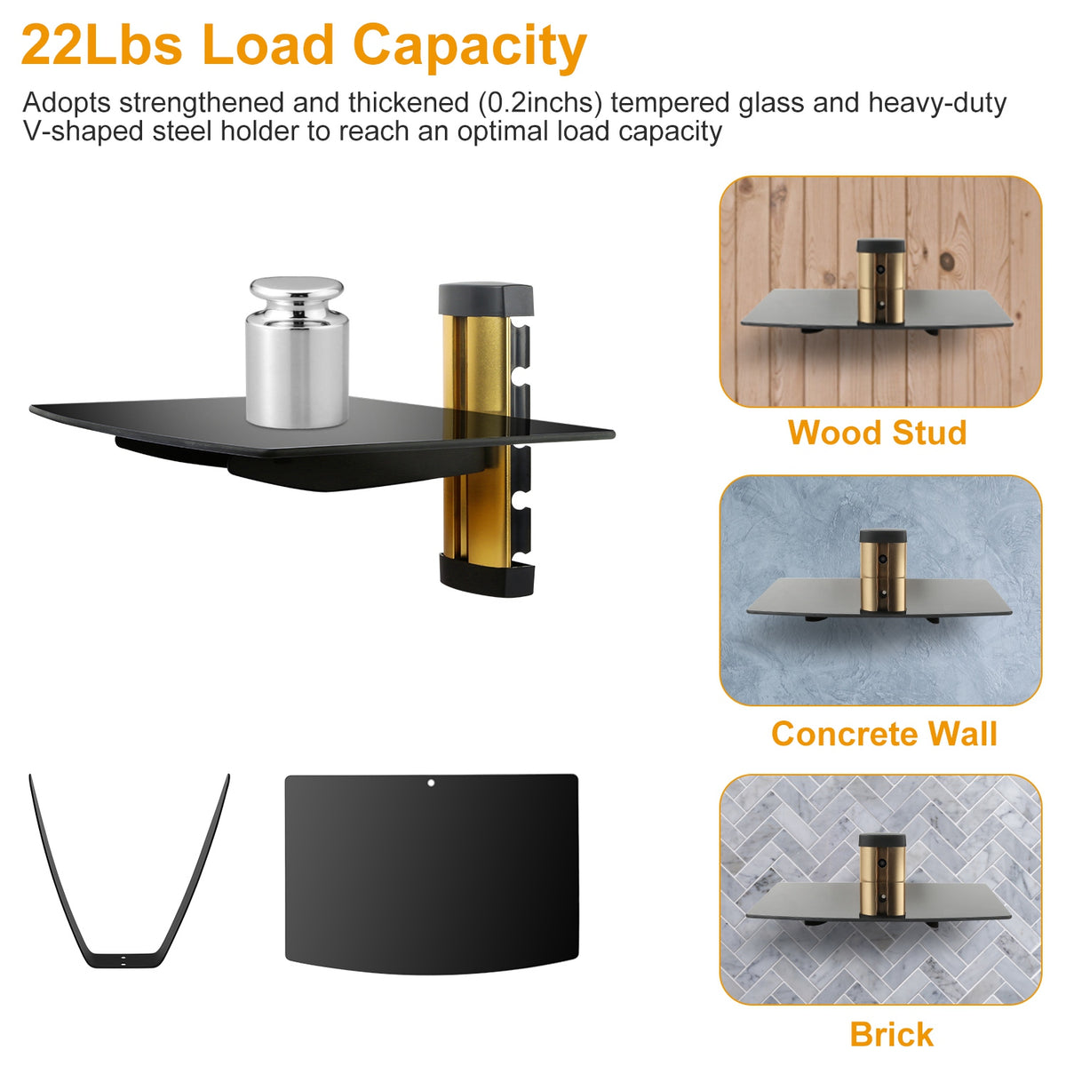 Tempered Glass Wall Shelf with Cable Management - 22lb Capacity
