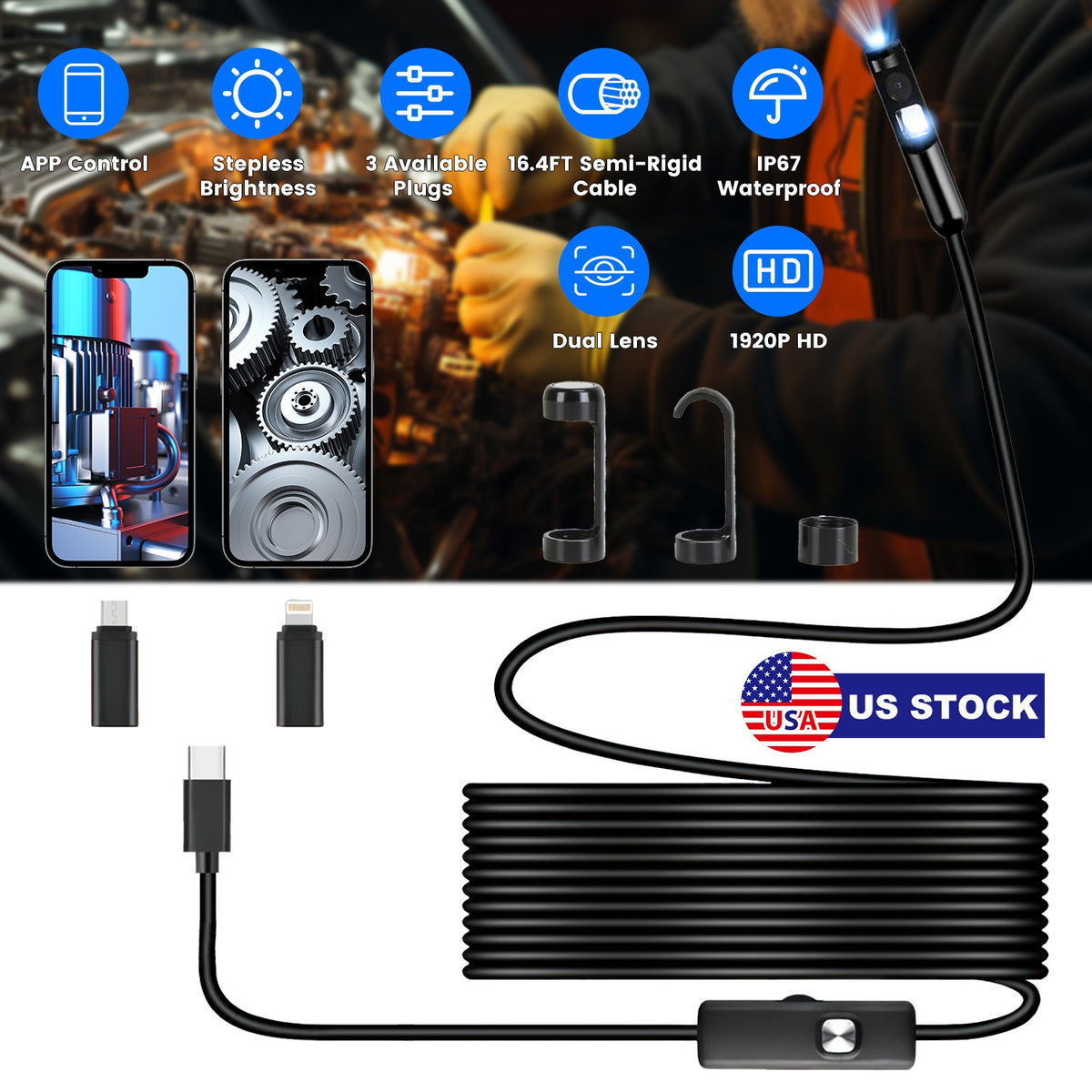 Endoscope Camera 1920P HD Waterproof with Dual Lens & 16.4ft Cable