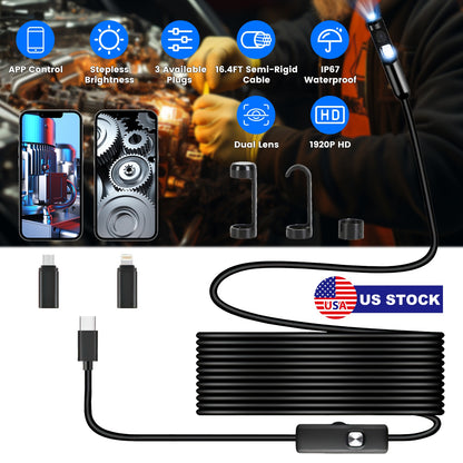 Endoscope Camera 1920P HD Waterproof with Dual Lens & 16.4ft Cable