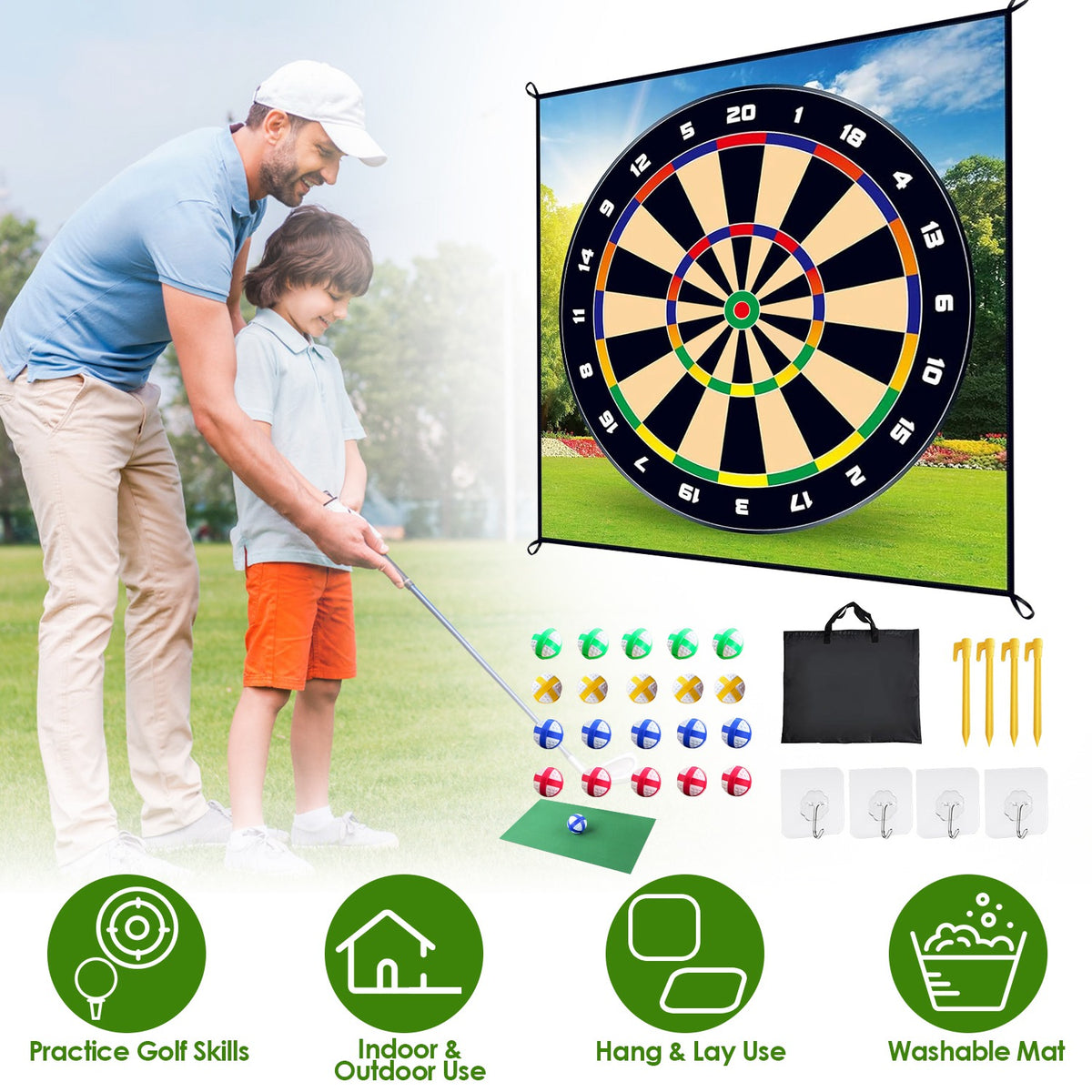 Golf Chipping Dart Game Mat Set with 20 Sticky Balls