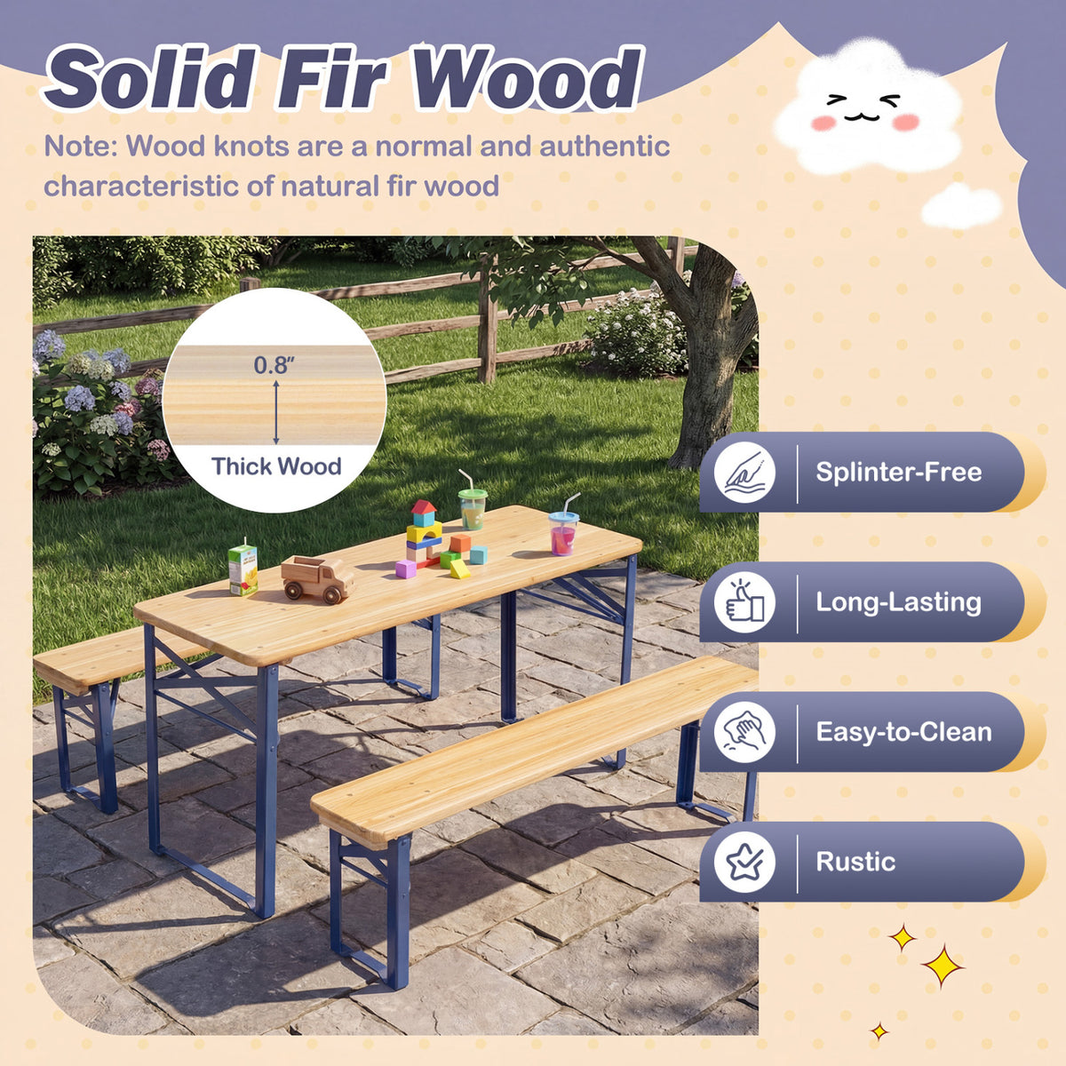 Kids Folding Picnic Table & Bench Set - 43.5 Inch Wood