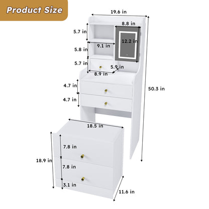 3 In 1 White Vanity Desk Set with LED Light Mirror & Hidden Storage Stool, Compact Multi-Functional Makeup Dressing Tabl