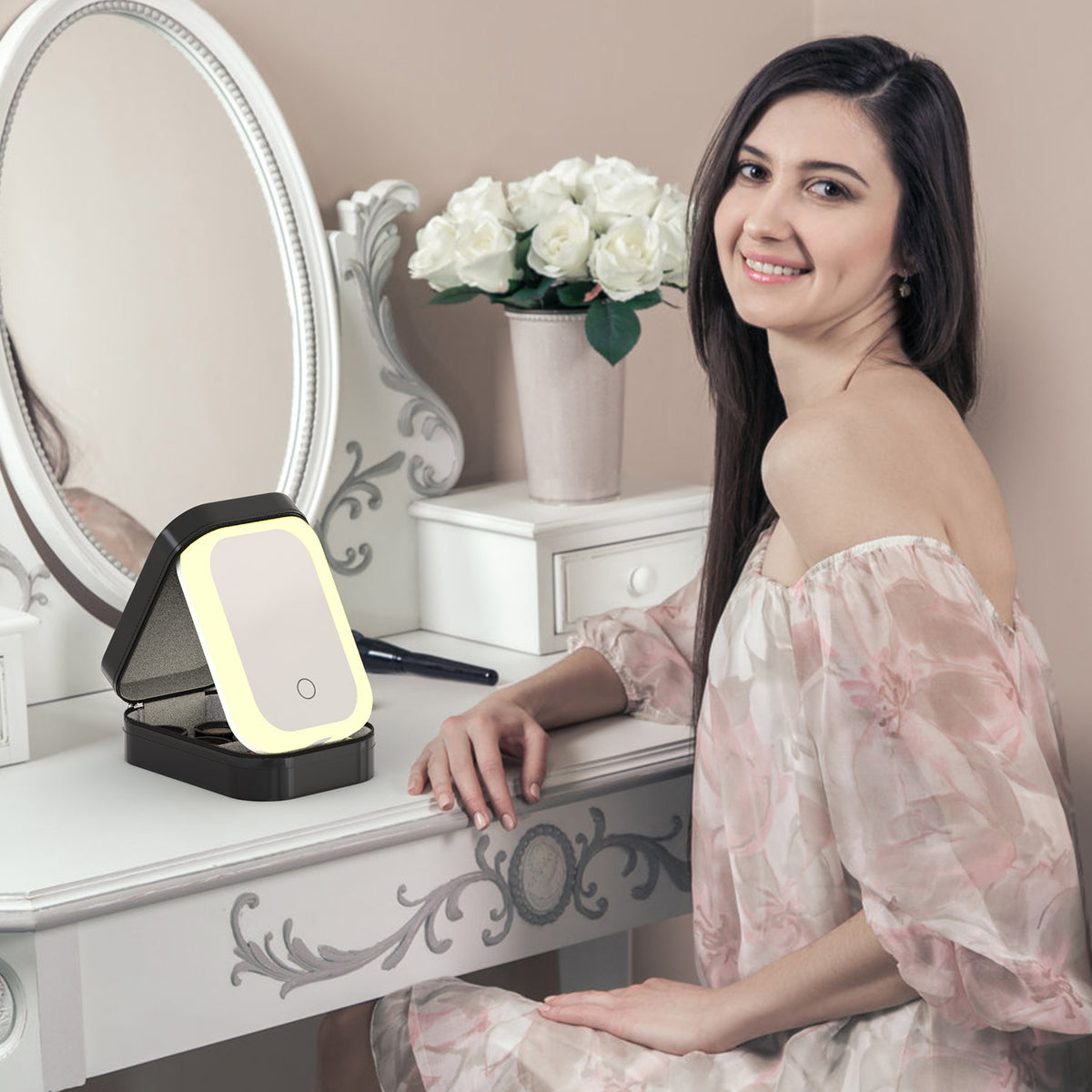 Portable Travel Makeup Bag With LED Mirror Rechargeable Beauty Mirror With 3 Color Light Dimmable Brightness Waterproof Cosmetic Bag With 4 Compartmen