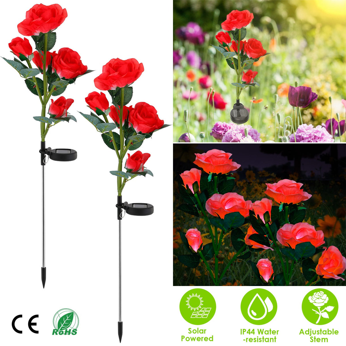 Solar Rose Flower Stake Lights - 2 Pack Outdoor Garden Decor