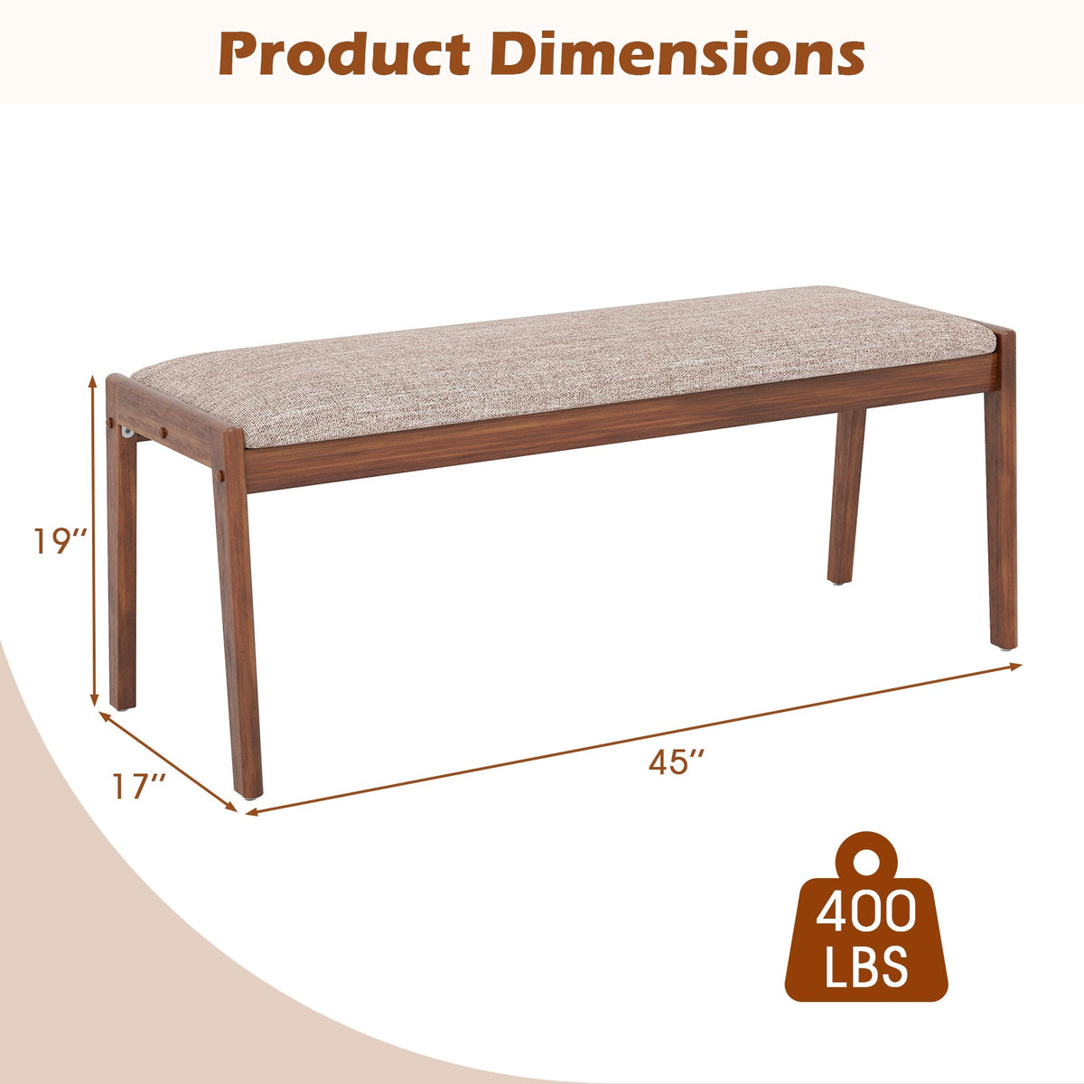 45 Inch Farmhouse Backless Bench with Rubber Wood Legs and Fabric Padded Seat-Beige