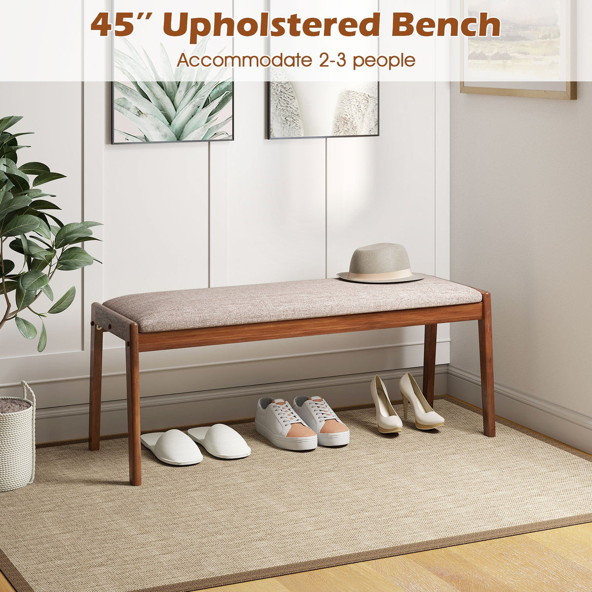 45 Inch Farmhouse Backless Bench with Rubber Wood Legs and Fabric Padded Seat-Beige