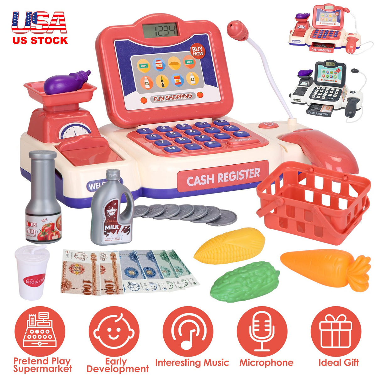 Kids Cash Register Pretend Play Toy with Scanner & Accessories