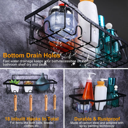 Shower Caddy 5-Piece Set with 18 Hooks - Adhesive Wall Mount