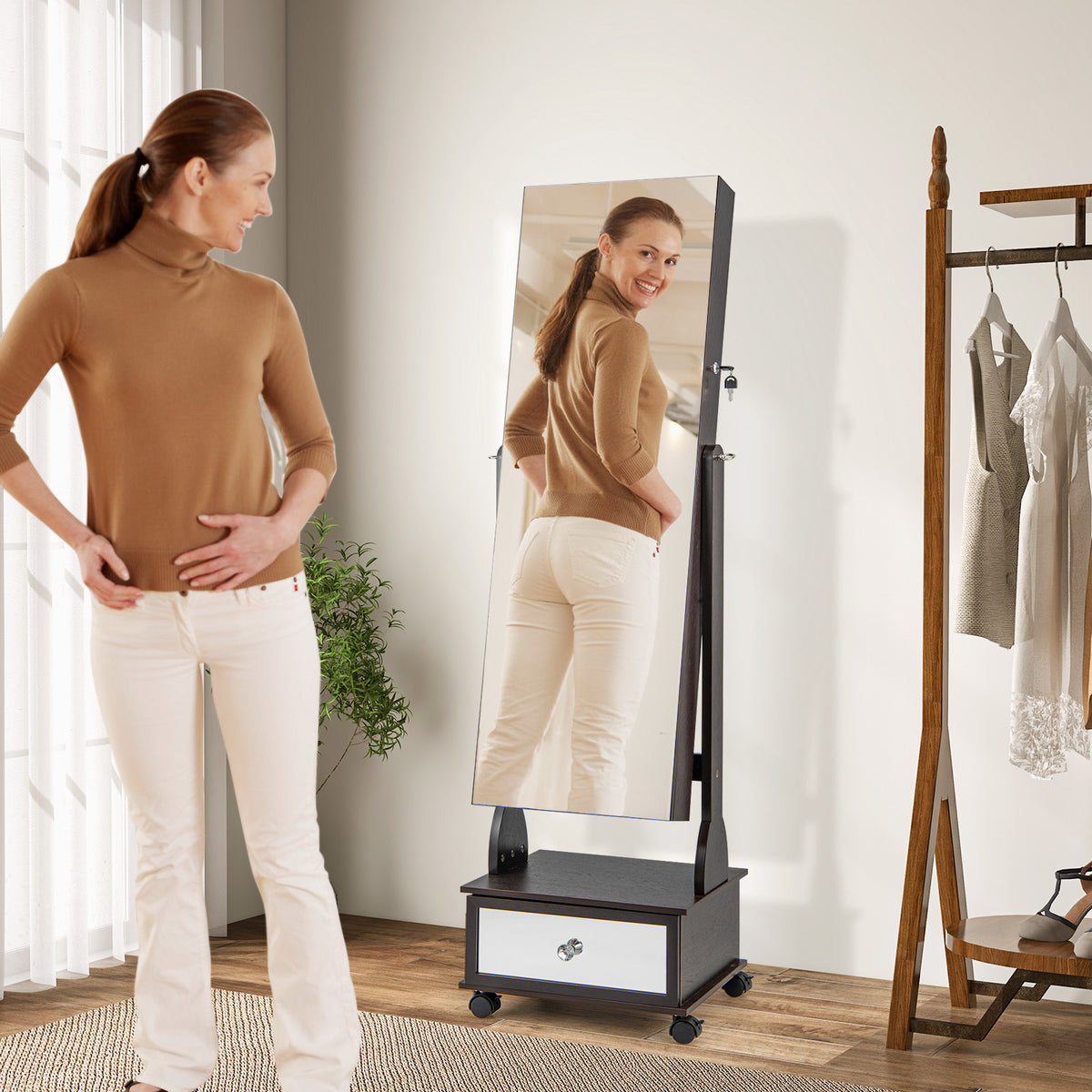 Lockable Jewelry Armoire Cabinet with Full-Length Mirror & LED