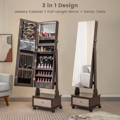 Lockable Jewelry Armoire Cabinet with Full-Length Mirror & LED