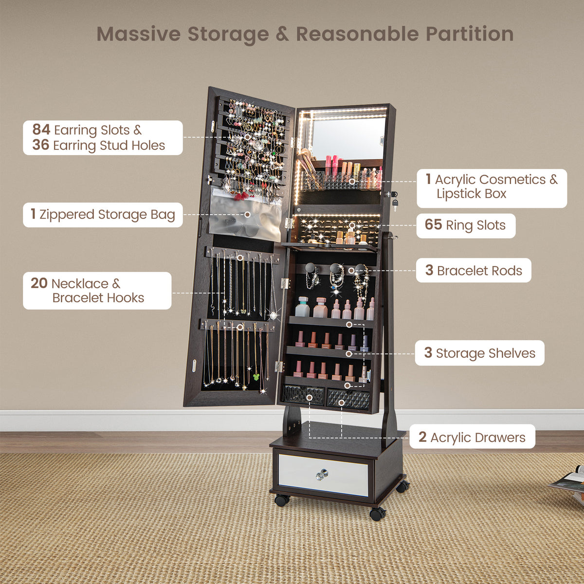 Lockable Jewelry Armoire Cabinet with Full-Length Mirror & LED