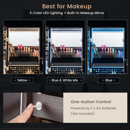 Lockable Jewelry Armoire Cabinet with Full-Length Mirror & LED