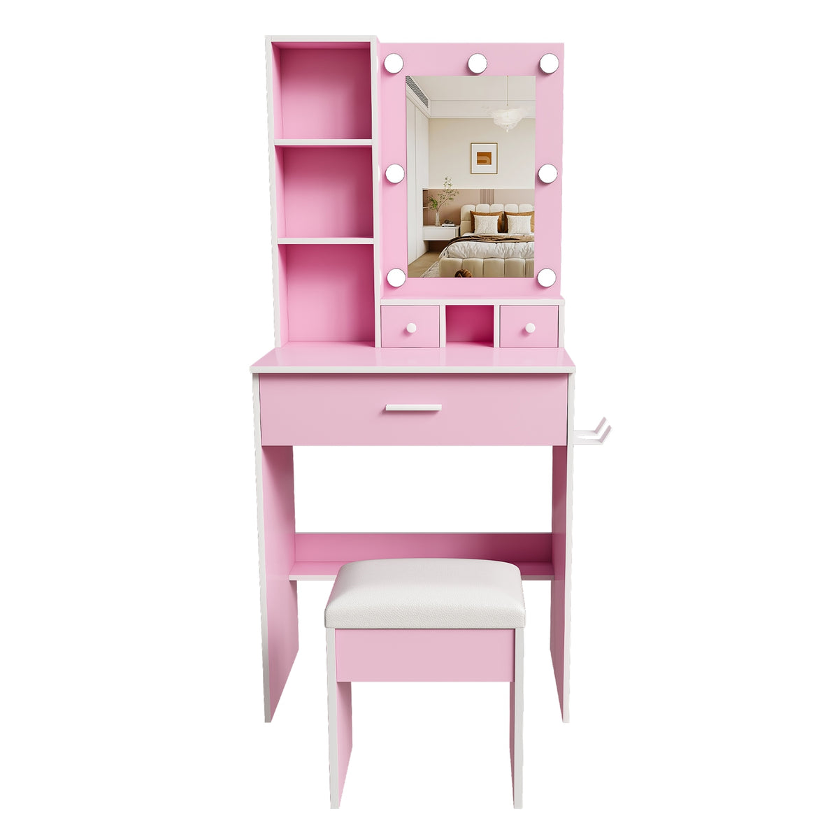 Vanity Desk Set with LED Lighted Mirror, Padded Stool, Power Outlet & Hair Dryer Holder, Compact Makeup Vanity for Small