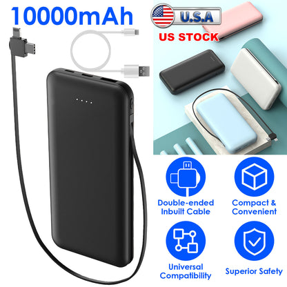 10000mAh Portable Power Bank with Built-In Cables