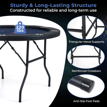 48 Inch Foldable Poker Table with 8 Cup Holders and Padded Edges