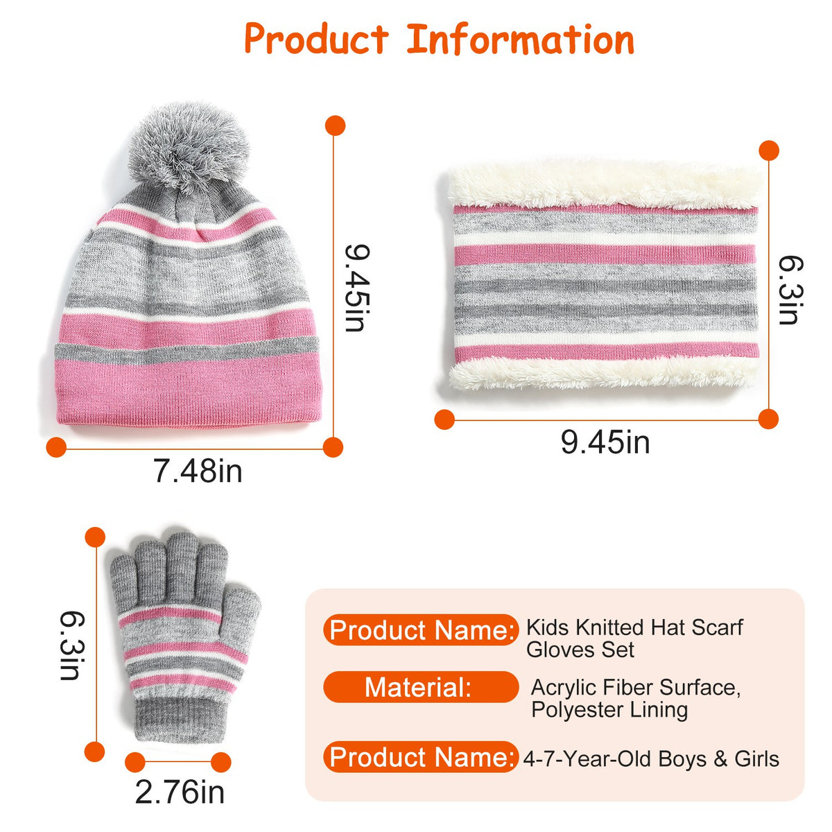 Winter Kids Knitted Hat Scarf Gloves 3Pcs Boys Girls