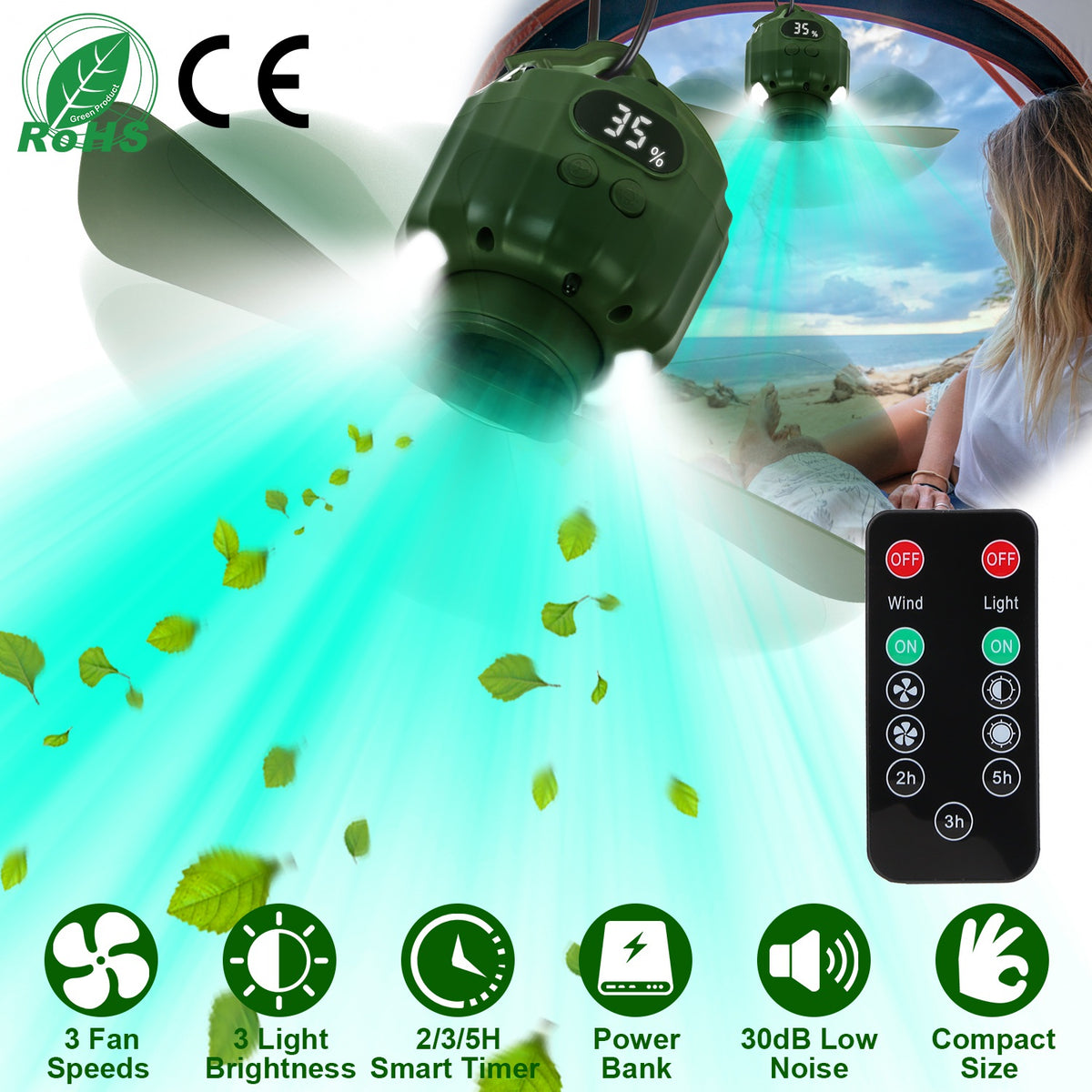 Portable Camping Ceiling Fan with LED Light & Power Bank