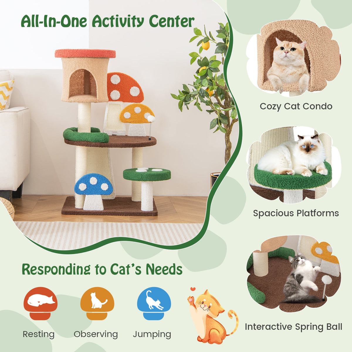 4-In-1 Mushroom Cat Tree with Condo Spring Ball and Sisal Posts-Multicolor