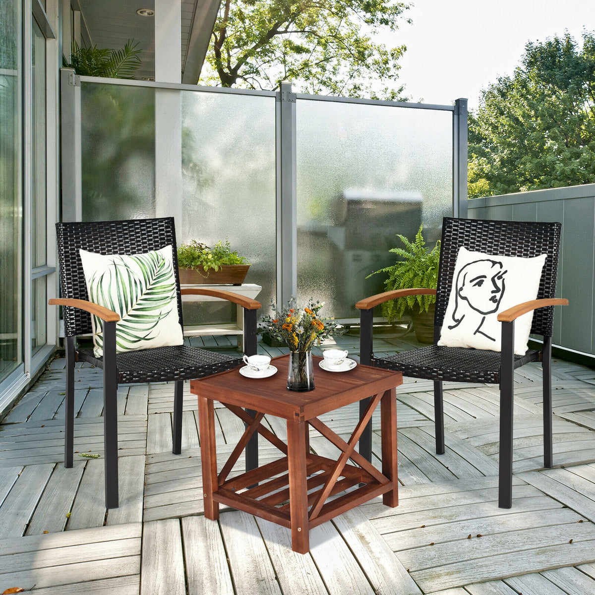 Outdoor Patio Dining Chairs Set of 4 with Rattan & Acacia Wood