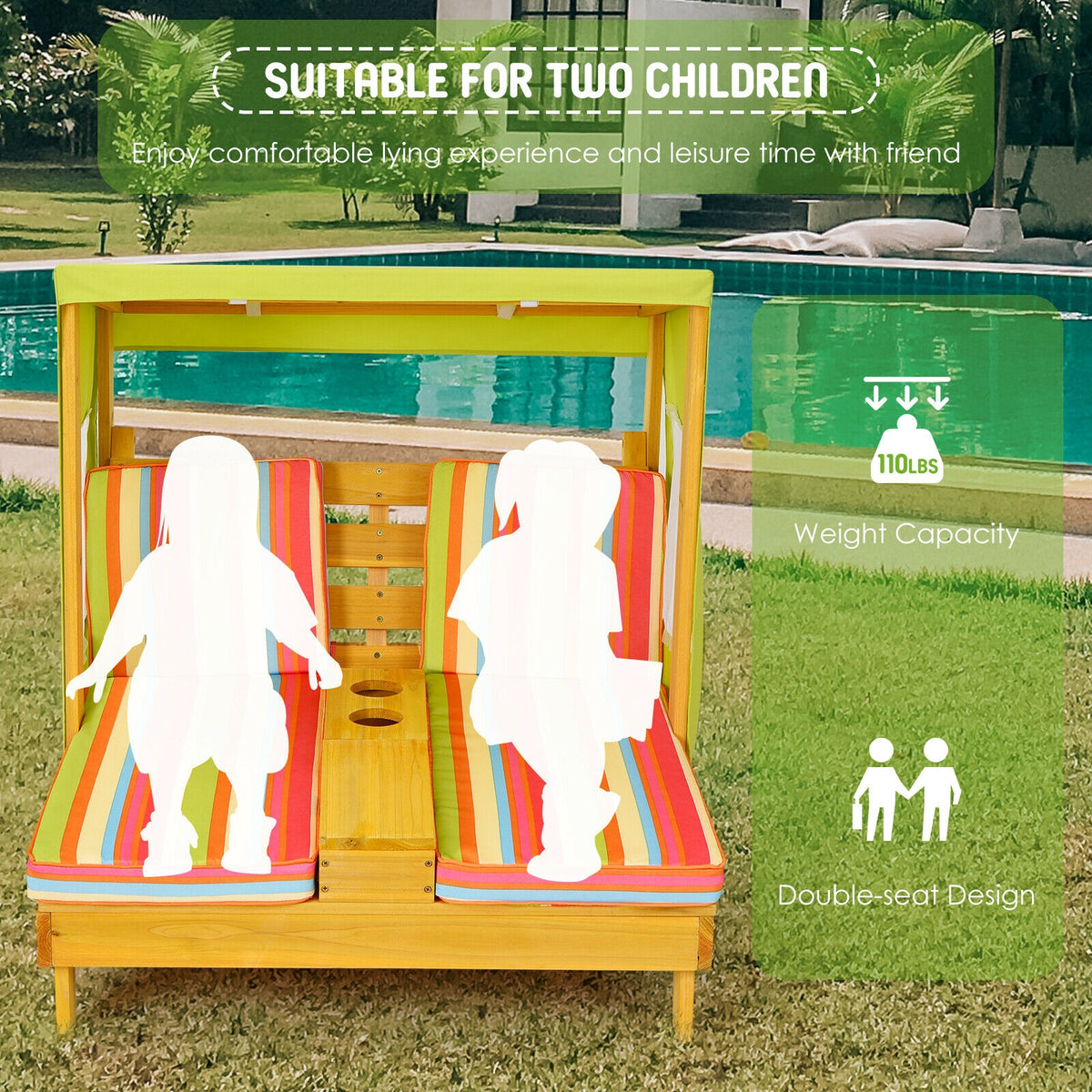 Kids Double Lounge Chair with Awning and Cup Holders