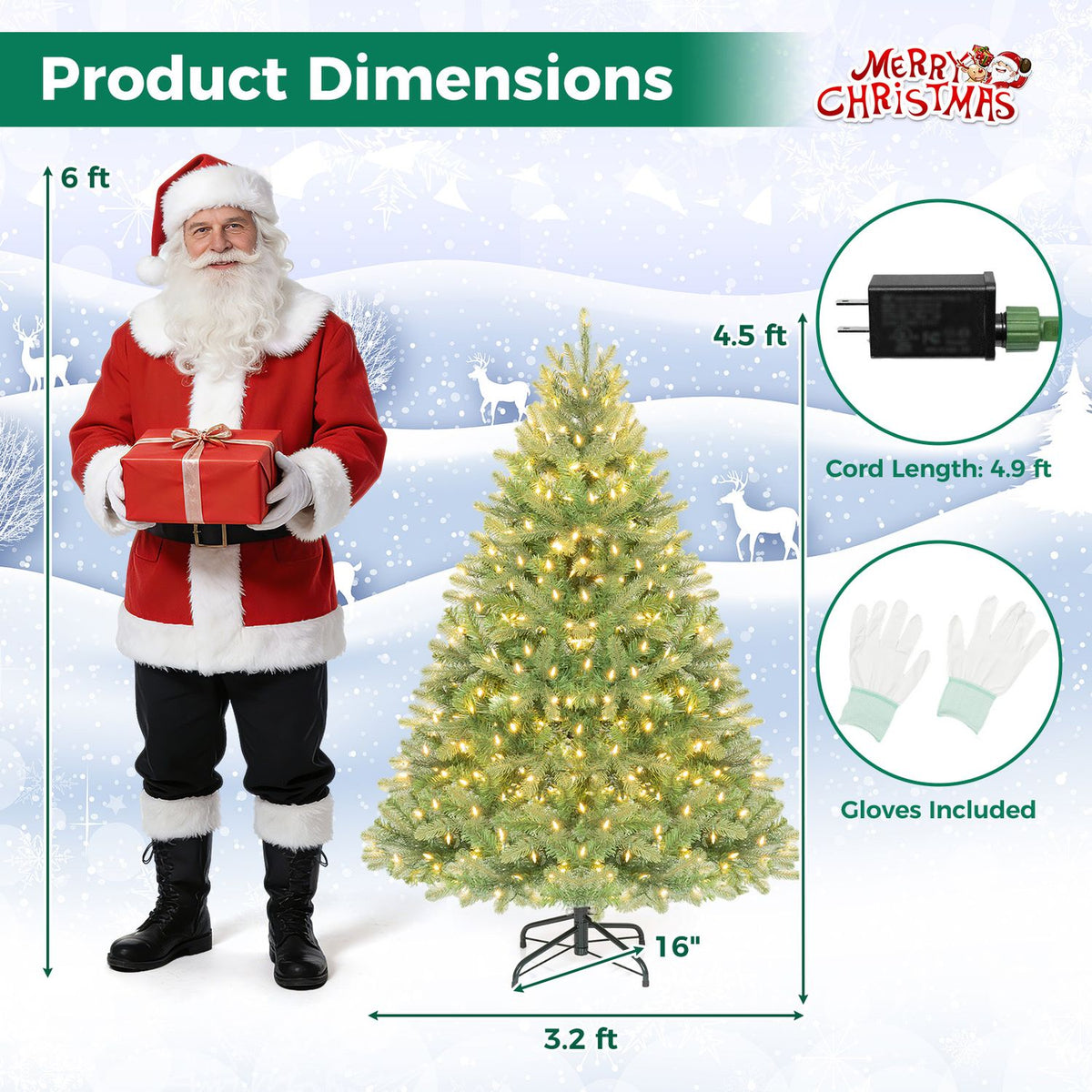 4.5 FT Pre-Lit Artificial Christmas Tree with 450 Warm White LED Lights and 525 PVC & PE Branch Tips