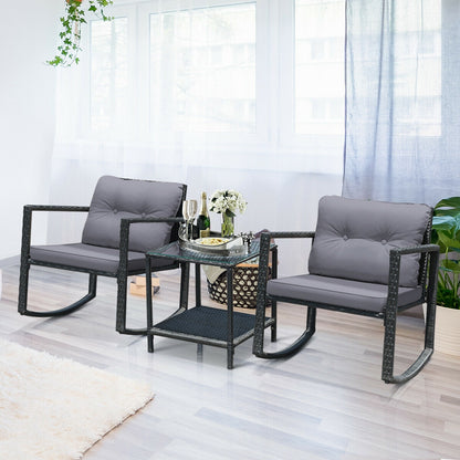 3-Piece Patio Rocking Chair Set with Cushions & Glass Table