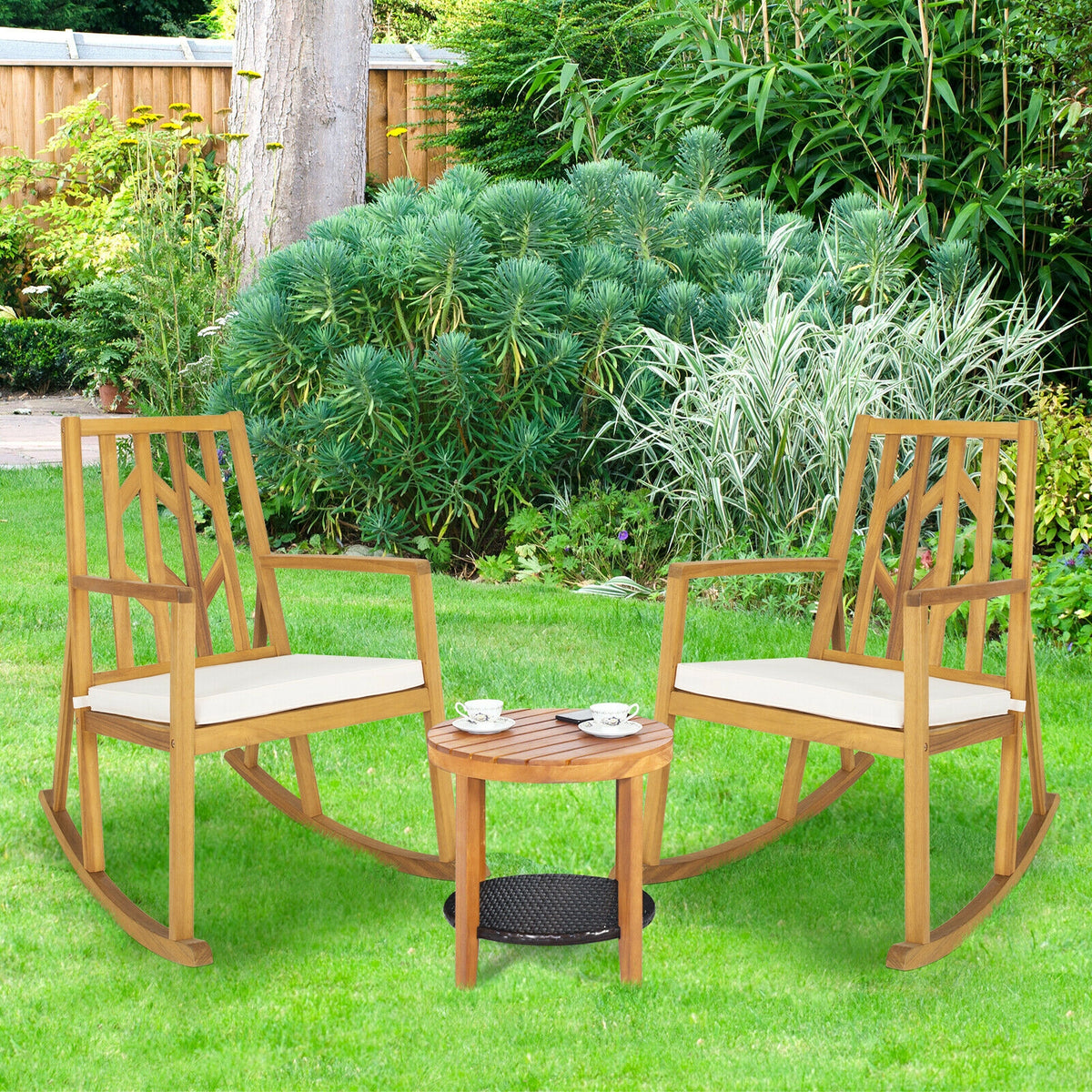 Acacia Wood Patio Rocking Chair with Cushion and Armrests